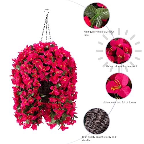 Image of INSPRING Artificial Bougainvillea Faux Flowers Plants Baskets for Outdoor Outside Decoration, 3PCS Fake Silk Flowers Long Trailing Vines UV Resistant Realistic for Front Door Porch Patio (Hotpink)