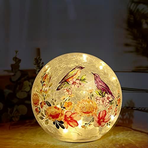 JBGYPBL Birds Colorful Flowers Crackle Lamp Gazing Ball Light Glass Shade Desk Lamp Nightstand Lamps Orbs Decorative Balls Battery Operated Lights for Garden Home Office Stairway Party (5.51 inch)