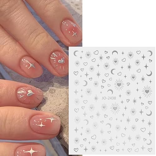 Zdiwoo ZDIWOO-1276 6 Sheets Star Nail Art Stickers 3D Self-Adhesive Gold Silver Sun Moon Nail Stickers Heart Nail Decals Nail Art Supplies Designs Star Moon Sun Nail Charm thumb #2