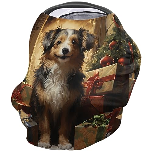 Nursing Cover for Breastfeeding Scarf, Christmas Dog Gift Box Xmas Tree Baby Car Covers Super Soft Multi Use for Canopy Shopping Cart Cover Blanket Stroller Cover