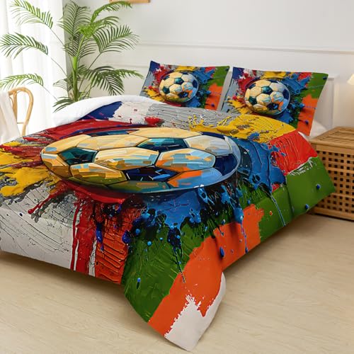 Image of Full Size Boys Comforter Set Soccer,Full Size Kids Bedding Set Sports,with 1 Comforter with 2 Pillow Case