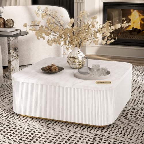 Image of Luxury Square White Coffee Table with Nano Composite Marble-Look Top & Gold Base, Waterproof Plywood, Contemporary Center Table with Ribbed Fluted Design for Living Room & Home Decor
