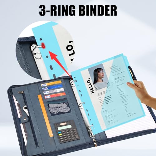 Image of Eshow Portfolio Organizer - 3 Ring Binder with Zipper, Vegan Leather Business Padfolio Folder with Notepad Includes 5 Color Sheet Protectors for Documents Files for Men Women