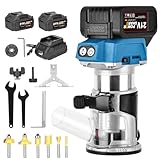 Défonceuse à Bois Sans Fil 21V – Affleureuse Brushless avec 2 Batteries 4.0Ah, 6 Vitesses, 30000 tr/min, 6 Fraises 1/4