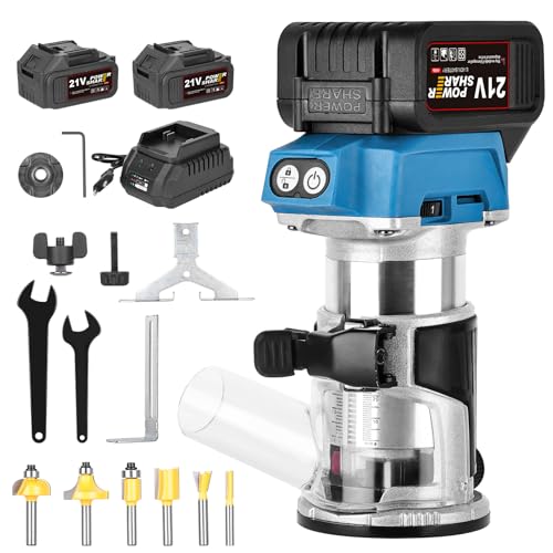 Fresadora de Madera a Batería 21V con 2 x 4.0Ah 30000 tr/min Motor Sin Escobillas Cuerpo de Aluminio, 6 Fresas de 1/4