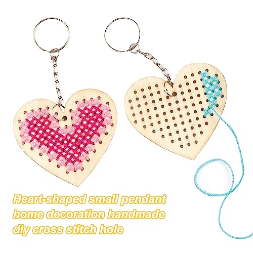 CYUaoao 12 Pack Wooden Cross Stitch Set DIY Heart Shaped Wooden Keychain Embroidery Starter Set Cross Stitch Kit for Beginners Kids Teenagers DIY Art Craft - Image 3