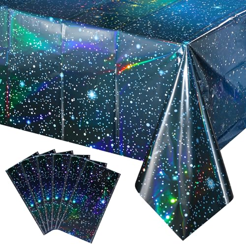 Image of 6Pcs Iridescent Space Tablecloths, Disposable Plastic Blue Galaxy Table Cloth Rectangle Table Covers for Space Starry Night Star Theme Party Birthday Party Decorations, 54x108 Inch