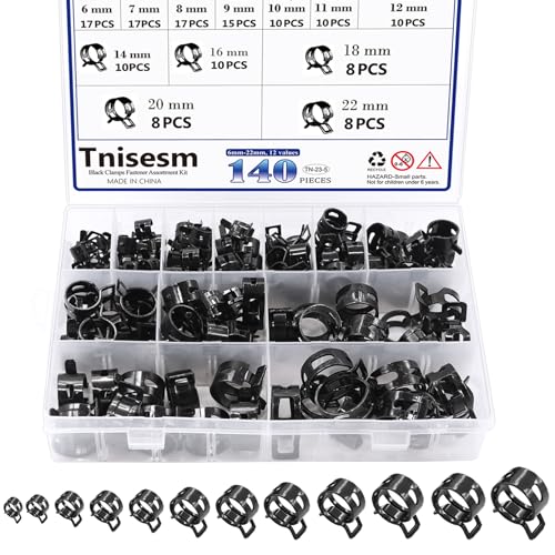 Image of Tnisesm 140 Pcs 12Values 6-22mm Spring Hose Clamp Assortment Kits Silicone Vacuum Hose Action Low Pressure Air Clip Clamp Hoses Clamps sleeving(Black)