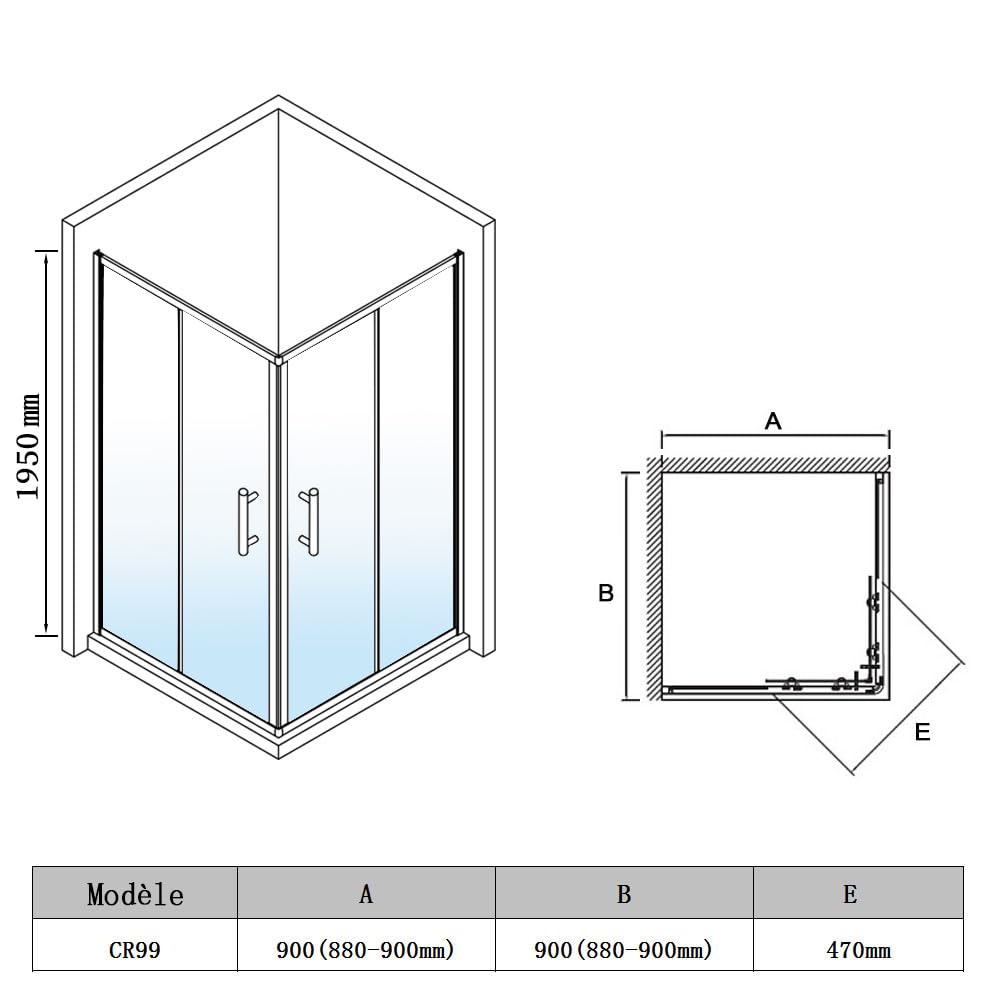 SIRHONA Cabine de Douche 90x90x195 cm Coulissante à Double Ouverture, Porte de Douche en Verre à Deux Panneaux Fixes avec Verre Transparent de 5 mm, Réglable d'un seul côté 20 mm