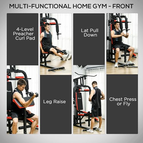 SPORTNOW Multi Gym Workout Station with 65kg Weight Stack, Sit Up Bench, Push Up Stand, Dip Station, Height Adjustable, for Home Gym Full Body Strength Training - Image 4