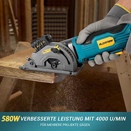 Foto von ALEAPOW Mini Handkreissäge, Kreissäge mit 3 Sägeblättern, 580W 4000 min-1 Mini Kreissäge, Sägeblatt Ø85mm, Laserführung, Skalenlineal, Ideal für Holz, Weichmetall, Fliesen und Kunststoffschnitte