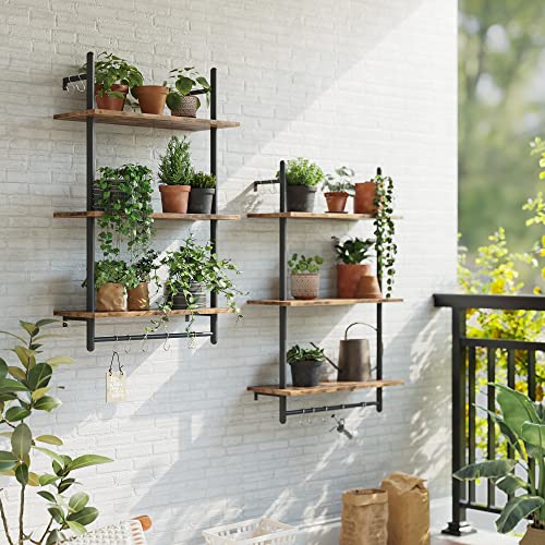 Bestier Pipe Ladder Shelf 38" Wall Mounted Floating Shelves Industrial 3 Tier Hanging Bracket Bookshelf Plant Stand With Towel Bar And Hooks In Living Room Kitchen, Rustic Brown #TOP4