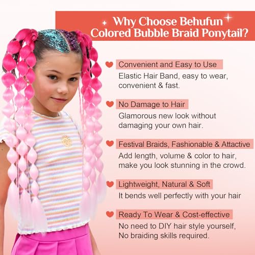Colored Hair Extensions, Behufun 2Pcs 20" Lightweight Colored Hair Extensions for Kids Bubble Ponytail Extension with Hair Tie, Ombre Crazy Hair Day Accessories for Girls Festival Rave B41 - Image 6