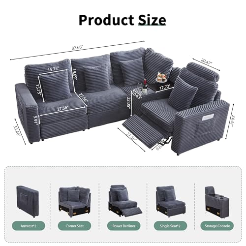 Image of RARZOE Modular Sectional Sofa with Power Recliner, 4-Seater L-Shaped Corduroy Reclining Couch with Storage Console Charging Cup Holders, Fluffy Recliner Sectional Couch for Living Room, Grey