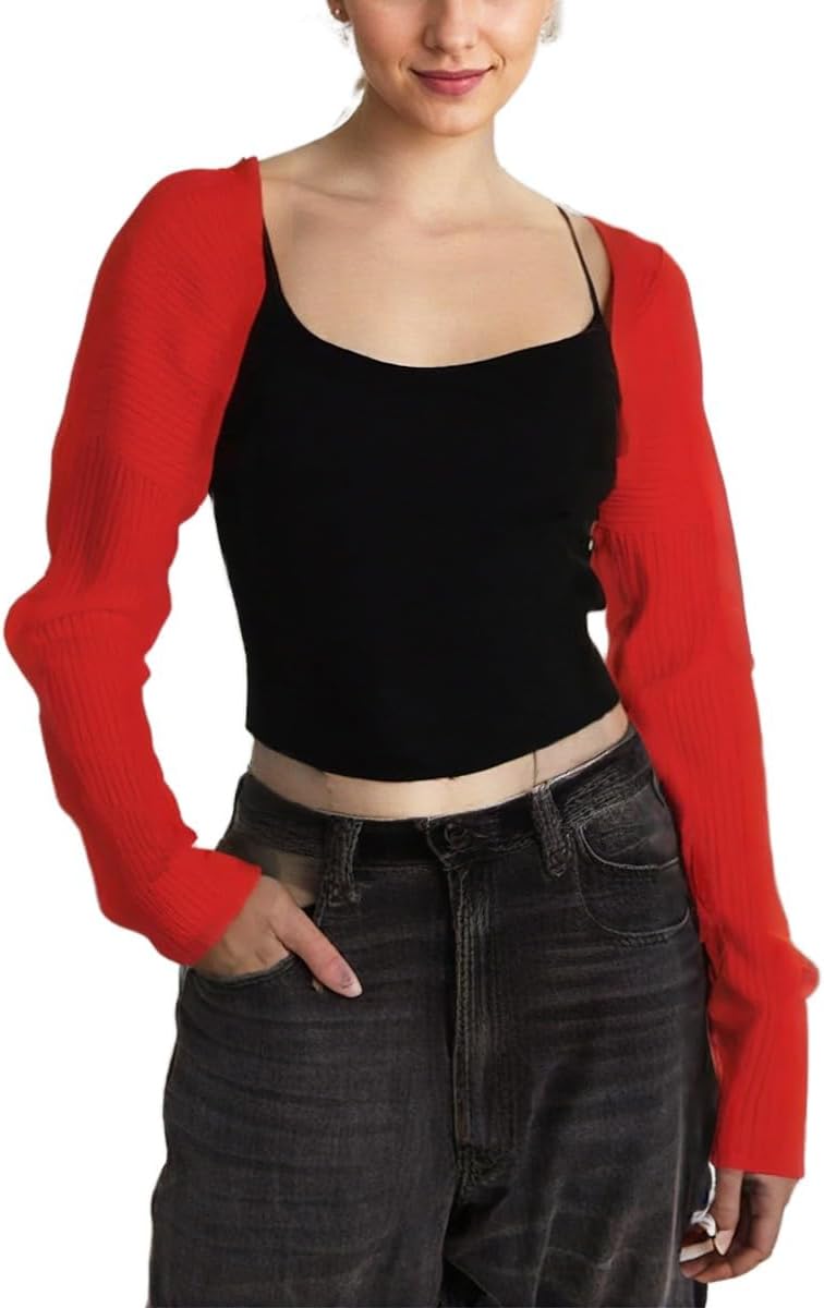 LOFAAC Women Y2K Open Front Rib Knit Shrug Crop Cardigan Solid Drop Shoulder Puff Long Sleeve Crop Bolero Sweater Tops - Image 3