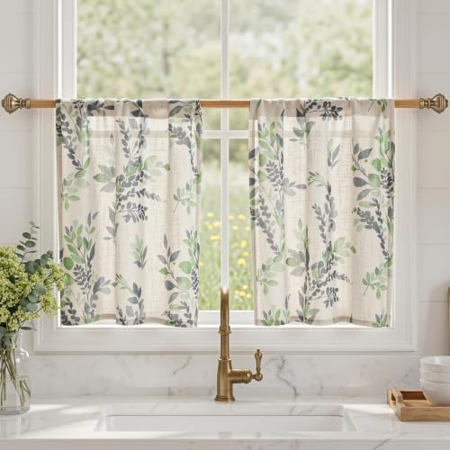 Image of MYSKY HOME Linen Tier Patterned Curtains Over Sink 36 Inch Long Set of 2 Light Filtering Privacy Half Window Curtains with Rod Pocket for Kitchen, Cabinet, Basement, Camper, Green, 30 inch W Each Panel