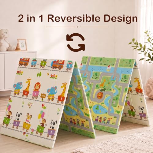 Image of StarAndDaisy Foldable Baby Play Mat 5 x 4 ft, 6MM Thick XPE Foam Playmat, Reversible 2-in-1 Design, Lightweight Cushioned Floor Mat for Crawling, Playing & Learning