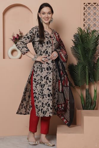 Image of Rajnandini Women's Cotton Blend Abstract Printed Kurta Set with Dupatta (JOPLST243-P Beige and Black)
