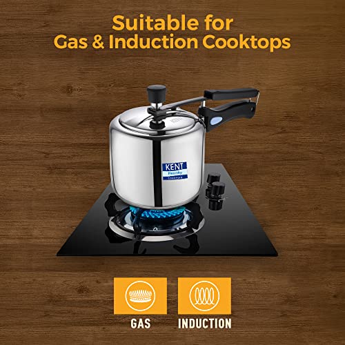 Image of KENT Pressure Cooker SS Inner Lid 2 Litre, 4.6 Heavy Encapsulated Bottom, Injection Moulded Handles for Durability, Lead Free Saftey Valve, Suitable for Induction Cooktops (Stainless Steel, Silver)