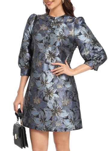 Ladyful Women's Floral Jacquard Shift Dress 2026 Long Puff Sleeve Button Up Elegant Cocktail Party...