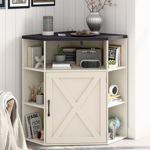 Image of Halitaa Corner Storage Cabinet, Farmhouse Corner Bookshelf with Storage 6-Cubby Wooden Cabinet with USB Ports and Outlets Industrial Organizer for Small Space, Study, Playroom, Living Room