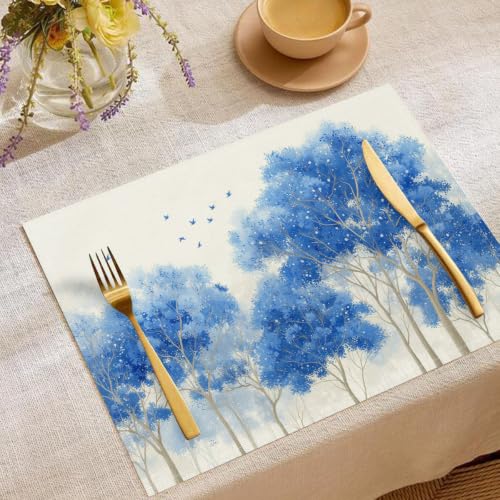 Sets de table antidérapants lavables en lin forêt arbres oiseaux pour table de cuisine - 4