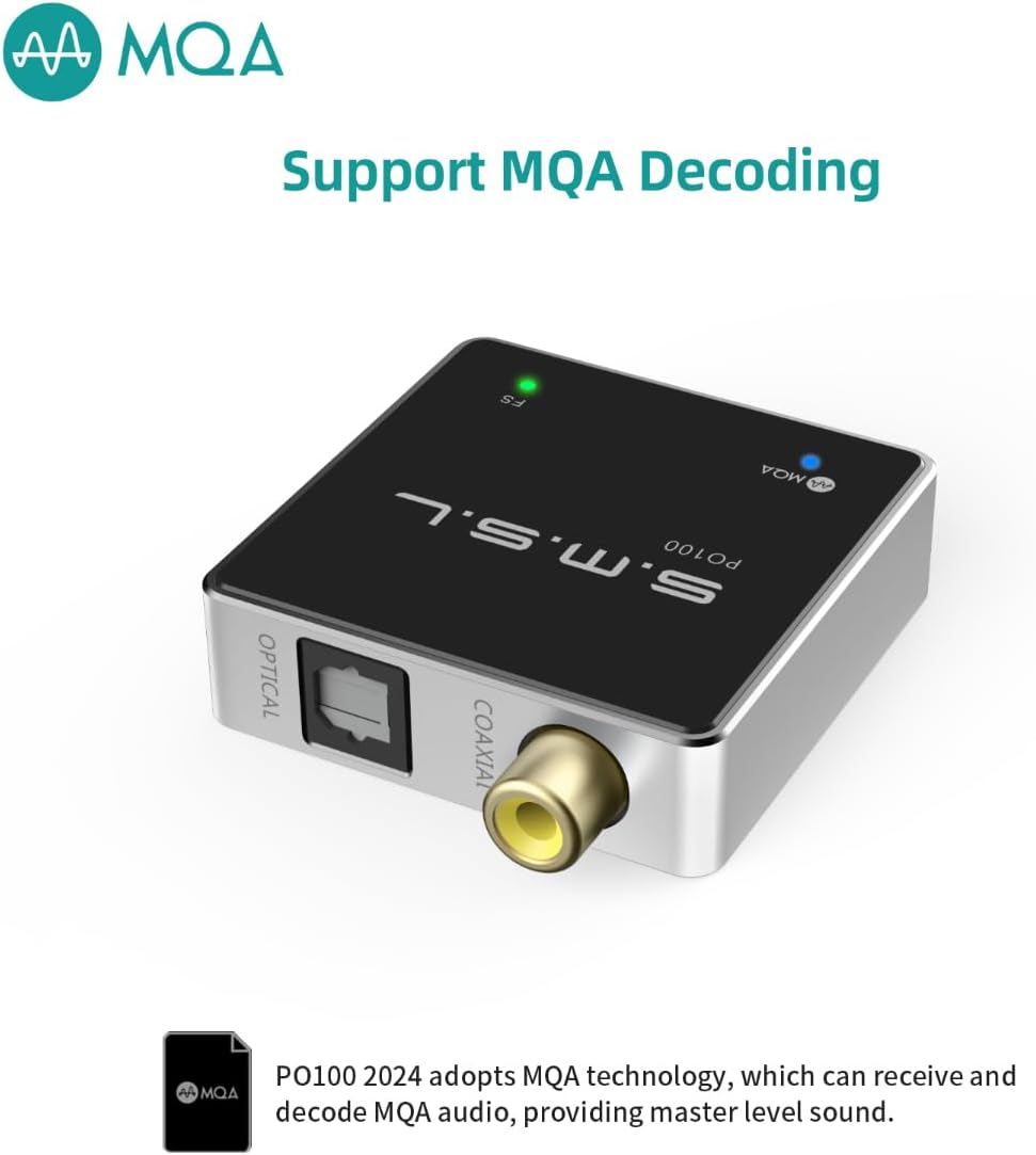 SMSL PO100 2024 192kHz USB to Optical Audio Adapter, XMOS XU316 Type-C USB to SPDIF Optical Coaxial, Portable Digital to Analog Converter for Phone/PC, Silver