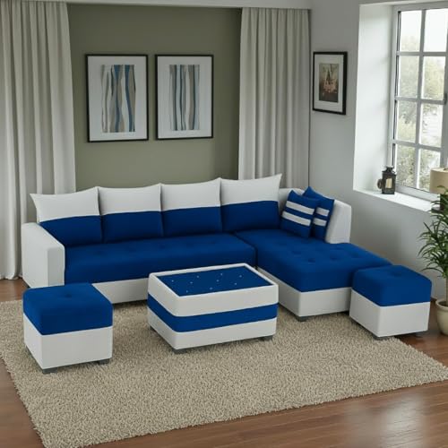 Image of Furny Styleeo 8 Seater Fabric RHS L Shape Sofa Set with 1 Centre Table & 2 Ottoman (Blue-Light Grey) | Soft Velvet Fabric | Modern Design | Comfortable Seating | Living Room Furniture
