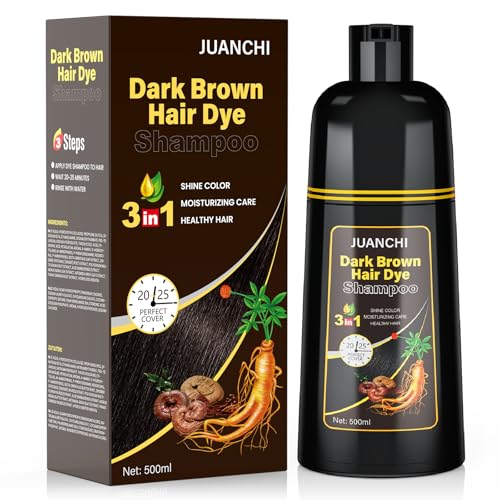 JUANCHI Dark Brown Hair Dye Shampoo 3 in1, Dark Brown Shampoo Hair Dye for Gray Coverage, Natural Hair Color for Women Men, Herbal Formula, Ammonia-free, Lasts 30 Days, 500ml (16.90 oz)