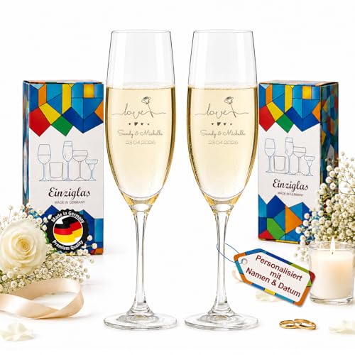 glastal Leonardo Sektgläser mit Gravur 2er Set Personalisiert mit Namen & Datum Hochzeitsgeschenk für Brautpaar 200ml Gläser Geschenk zur Hochzeit Verlobung oder Jahrestag (Herz) - Made in Germany