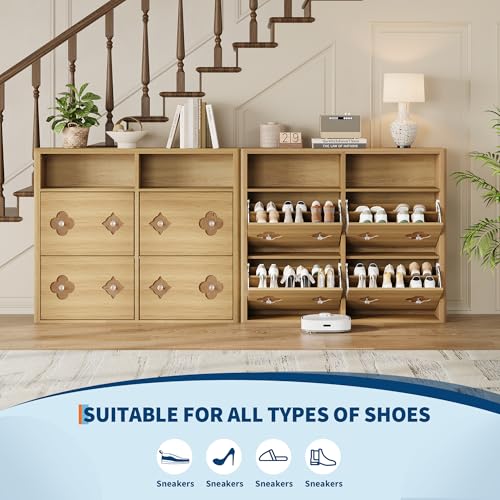 Image of GarveeHome Shoe Storage Cabinet with 4 Flip Drawers & Adjustable Shelves | Floral Pattern, Shoe Cabinet for Entryway, Hallway, Living Room, Narrow Wooden Shoe Cabinet, Natural