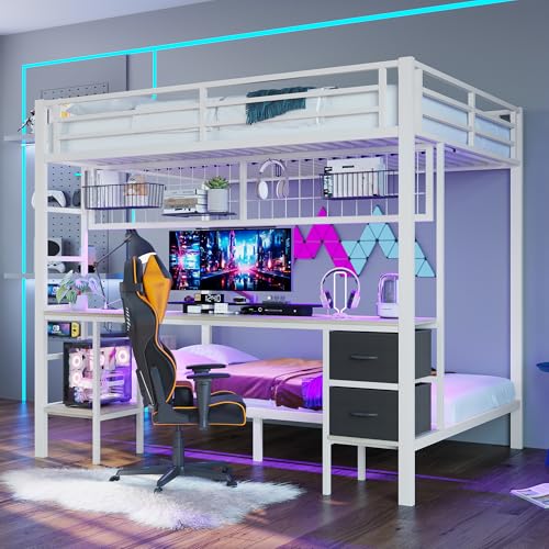 TOBIDOEN Cama multifunción de metal 140x200 cm, con escritorio, rejilla y estante para 2 niños, sin colchón, color blanco