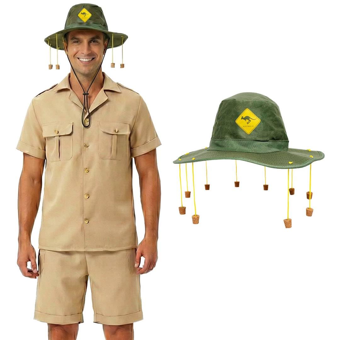Explorer Costume & Kangaroo Cork Hat – Australian Outback Safari Fancy Dress Set for Adults – Funny Aussie Celeb Costume for Australia Day, Travel Parties, Festivals & Themed Events