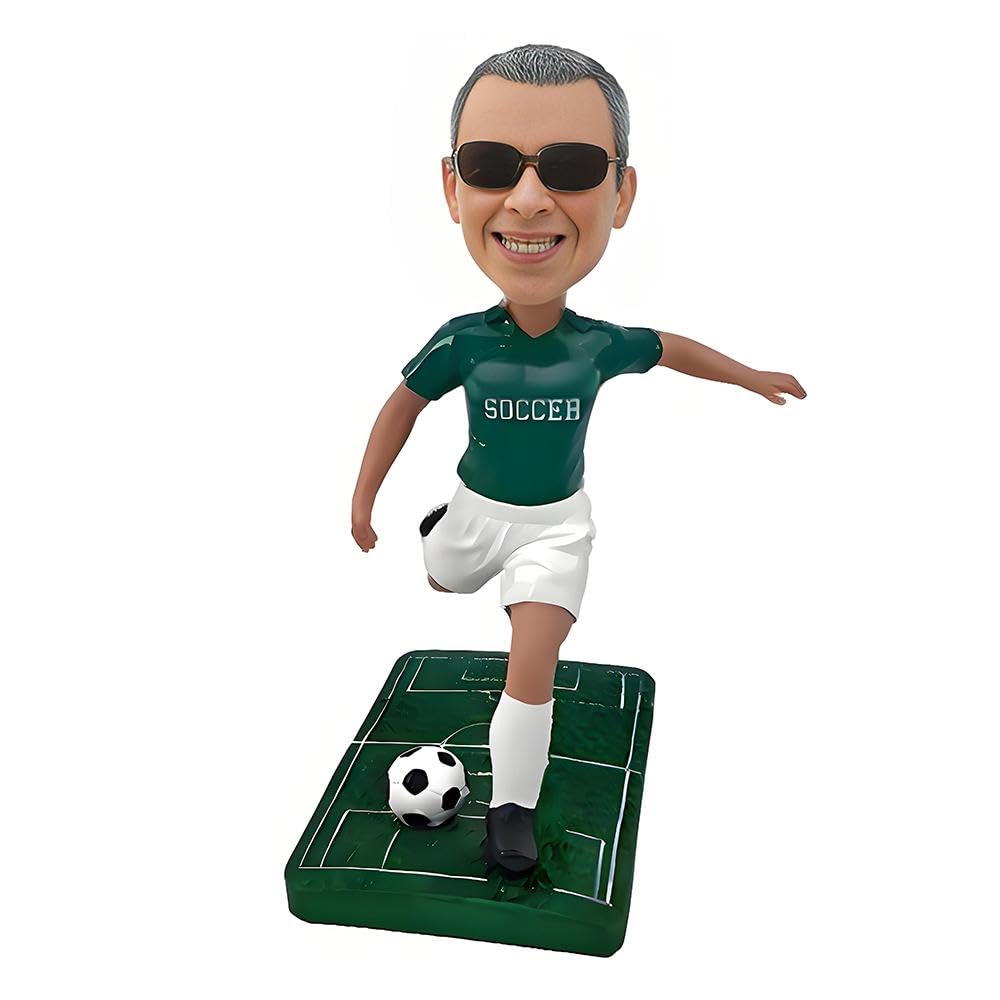MEJELE Personalized Soccer Player Bobblehead, Custom Sports Figurine with Field Base, Green Jersey Based on Your Photo, Birthday Gift Desk Decoration
