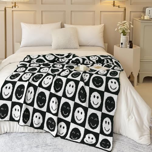 Image of Ultra Soft Cozy Happy Smiling Face Checkered Knitted Throw Blanket Fluffy Microfiber Checkerboard Bed Blanket Lightweight Both Sides Blanket for Couch Sofa Bed (Smile, Throw 50 inchx60 inch)