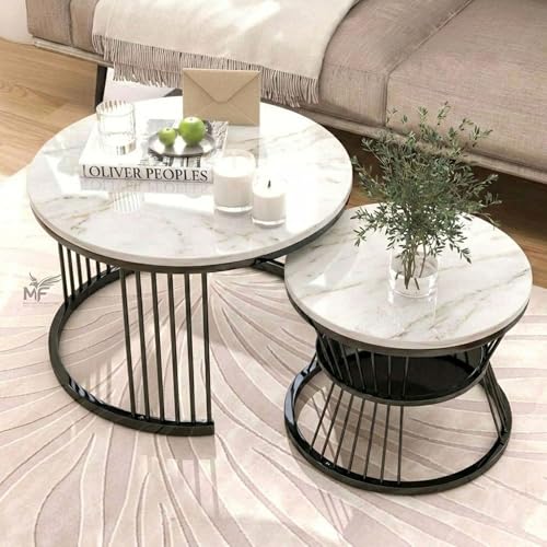 Image of MELVON Lightweight Nesting Coffee Table Set of 2, Black Frame with White Marble Look Top, Round Center & Side Table for Home