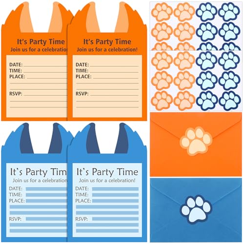 Honoson 24 Set Blue Dog Party Invitations Include 24 Blue Dog Birthday Invitations Cards 24 Playful Pup Themed Envelopes 24 Pup Paw Shaped Stickers for Baby Shower Birthday Pet Cartoon Theme Party