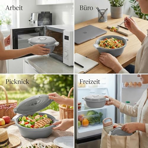 Lantelme 2 Stück Mikrowellenschüssel im Set mit 1,8 Liter mit Dampfventil in Deutschland hergestellt stapelbar spülmaschinengeeignet Kunststoff Mikrowellengeschirr Kühl- Gefrierschrank (Grau)