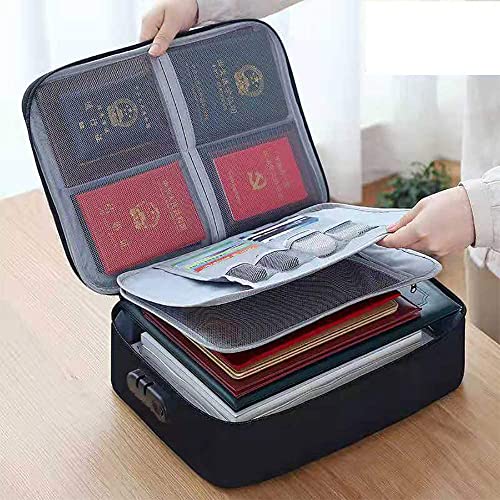 KEJIH Oxford Document Organizer with Safe Code Lock Storage Pouch Credential Bag Diploma Storage Important and File Pocket Laptop Notebooks Bank Cards Valuables Travel Separators (Black)