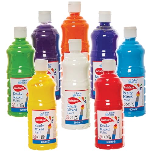 Baker Ross FN167 Rainbow Ready Mixed Paints - Pack of 8 600ml Each Squeezy Bottles Water Based Assorted Bright Colours