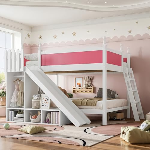 Image of Bellemave Bunk beds Full Over Full with Slide and Stair, Low bunk /loft Bed for Kids,Pink and White