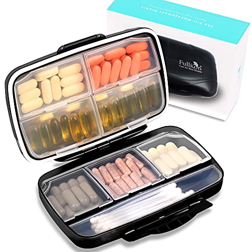 Travel Pill Organizer Large Portable Medication Organizer, Fullicon Oversize 8 Compartment Pill Box, Vitamin Travel Case Pill Holder - Airtight & Moistureproof (Black)