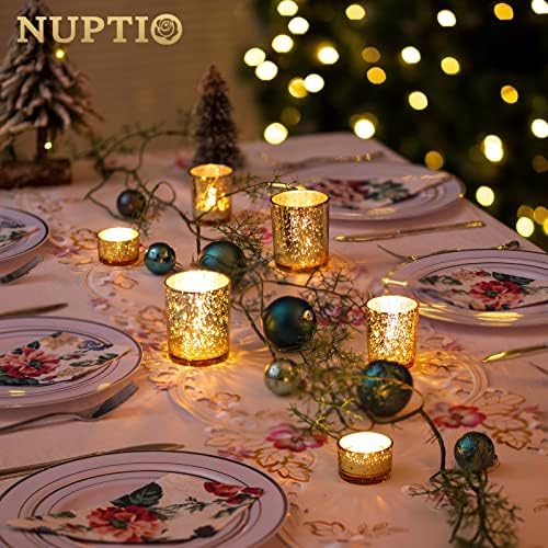 Nuptio Glass Tealight Candle Holder: 6 Pack Gold Tea Light Holders Bulk, Mercury Votive Floating Candles t Light Holders Speckled Finish for Christmas Wedding Party Decoration Bridal Shower, 2 Set
