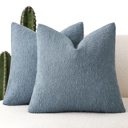 Image of Foindtower Pack of 2 Textured Boucle Throw Pillow Covers Accent Solid Decorative Pillow Cases Cozy Woven Couch Cushion Case for Sofa Bedroom Living Room Home Decor 20x20 Inch Misty Blue