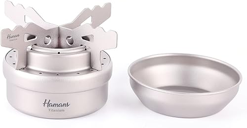 Estufa de alcohol de titanio, mini estufa de alcohol ultraligera para exteriores, estufa portátil de mochilero, con cubierta de llama, bolsa de