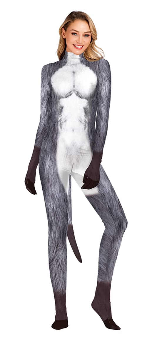 Men's Animal Bodysuit Costume with Big Tail Print Petsuit Spandex Furry Jumpsuit Cosplay Halloween Party