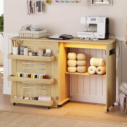 Lighted Sewing Table with Charging Station and 3 Storage Tray,Natural
