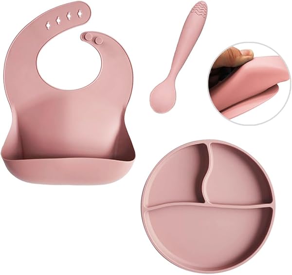 Meleni Baby 3'lü Silikon Beslenme Seti - Silikon Mama Önlüğü Vakum Tabanlı Tabak Diş Kaşıyıcılı Kaşık Pembe