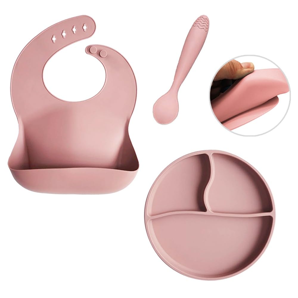 Meleni Baby 3'lü Silikon Beslenme Seti - Silikon Mama Önlüğü Vakum Tabanlı Tabak Diş Kaşıyıcılı Kaşık Pembe