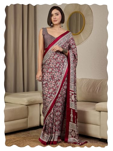 Image of AKHILAM Women's Pure Crepe Striped Print Ready To Wear one Minute Saree With Unstitched Blouse Piece|Tassels and Latkans Work|Readymade Saree For Women|Ready Pleated Saree